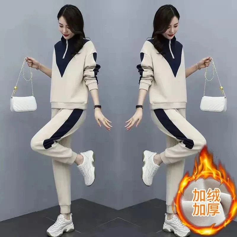 Korean Fashion Tracksuit Plus Velvet Warm 2 Piece Set Women Outfits Casual Sweatshirt And Sweatpant Suit Jogging Ensemble Femme