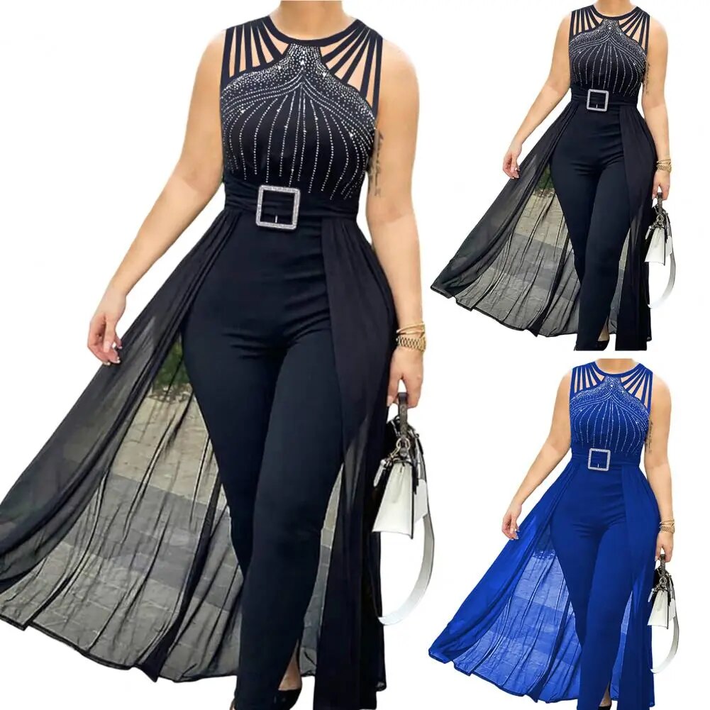 2023 Sumer Women's Sexy Round Neck Rhinestone Sheer Mesh Sleeveless Jumpsuit with Belt New Fashion Rompers Womens Jumpsuit