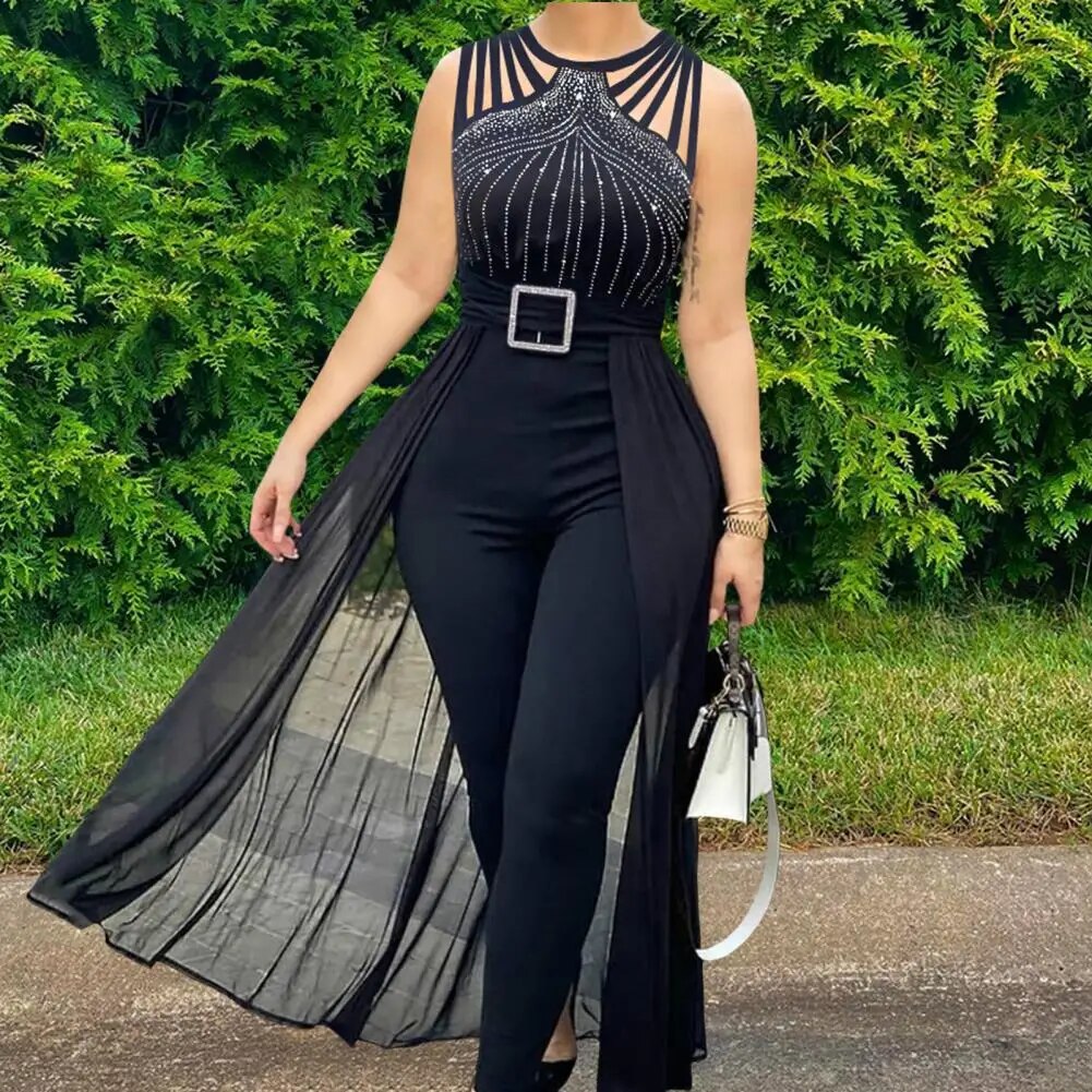 2023 Sumer Women's Sexy Round Neck Rhinestone Sheer Mesh Sleeveless Jumpsuit with Belt New Fashion Rompers Womens Jumpsuit