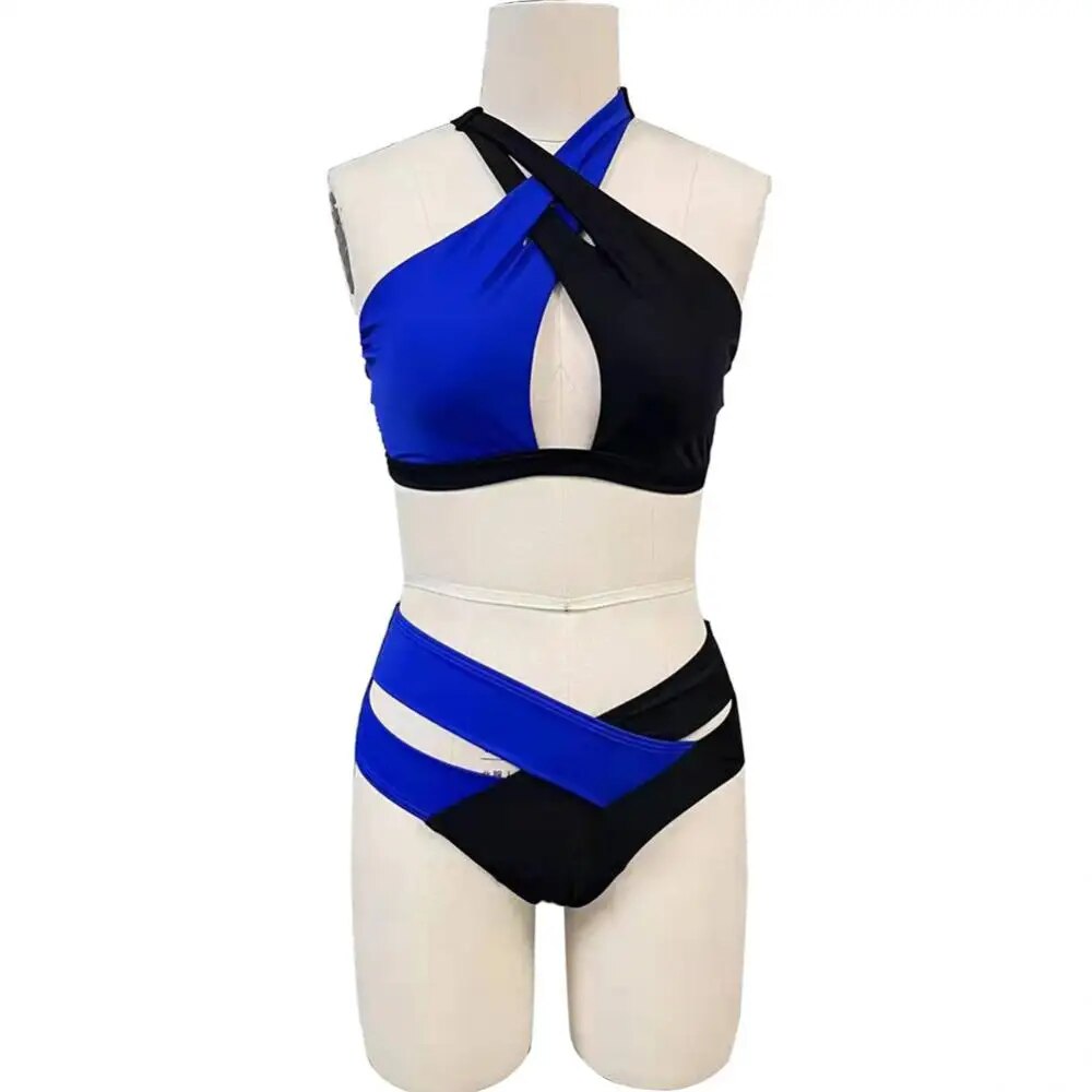 Patchwork Color Ladies Sexy Split Bikini Set Cross Adjustable  Strap Swimsuit Stitching Swimwear High Waist Wsummer  Bikini Set