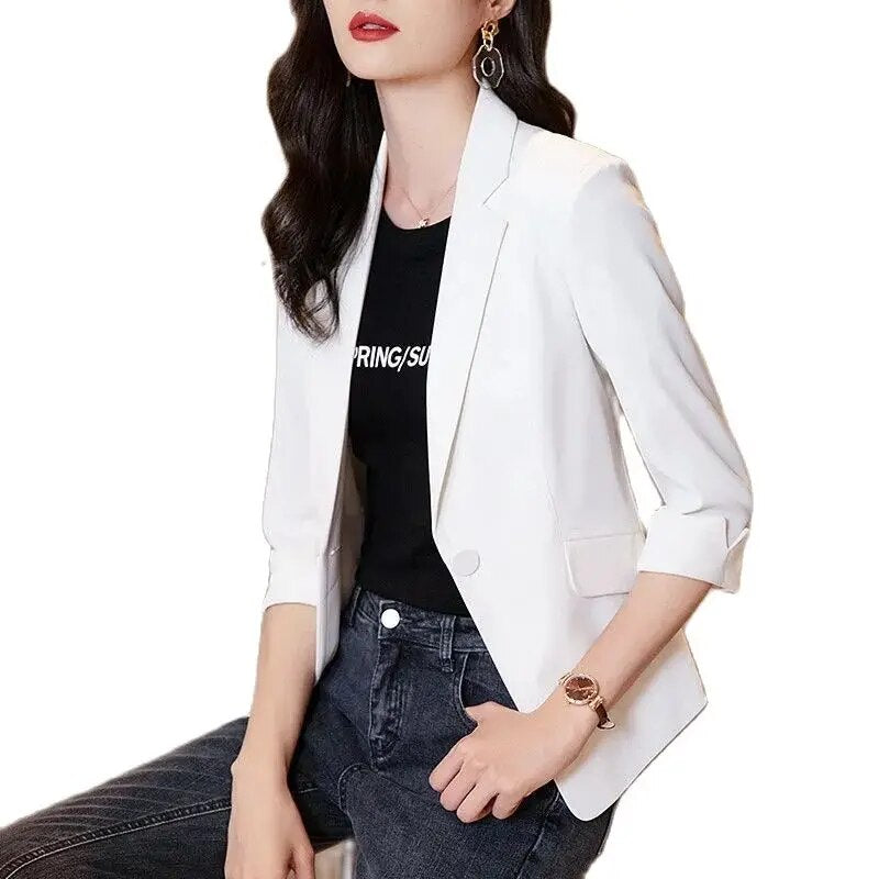 DAYIFUN Solid Thin Women Blazer 2022 New Long Sleeve Spring Slim Short Suit Jacket Coat One Buckle Blouses White Female Clothing