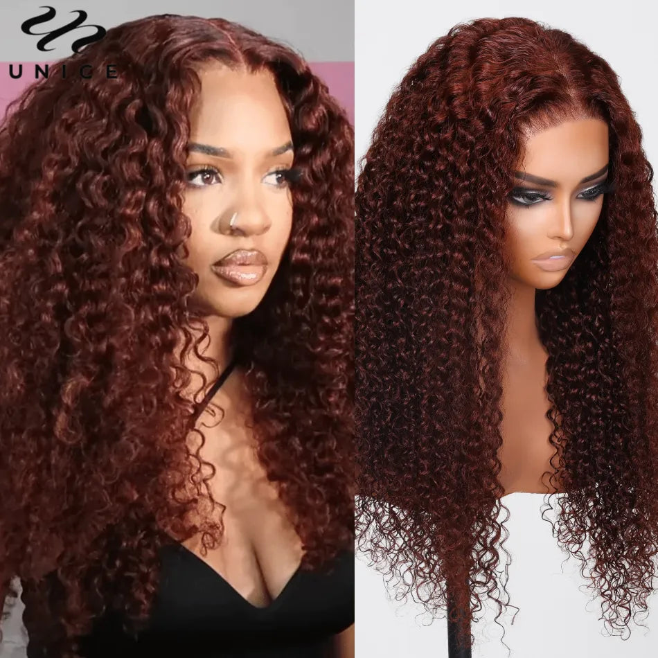 UNice Hair Deep Curly Wear Go Glueless Wig Human Hair 6x4.75 Pre-Cut Lace Closure Wig Stunning 33B Reddish Brown Wig for Women