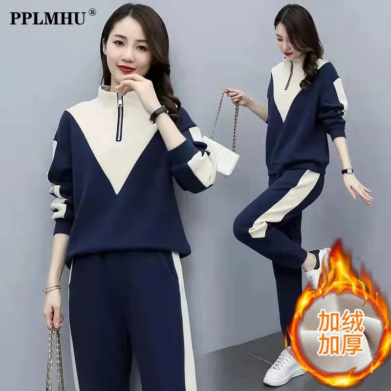 Korean Fashion Tracksuit Plus Velvet Warm 2 Piece Set Women Outfits Casual Sweatshirt And Sweatpant Suit Jogging Ensemble Femme