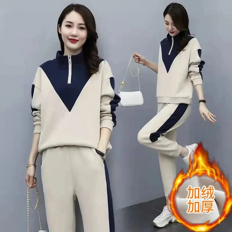 Korean Fashion Tracksuit Plus Velvet Warm 2 Piece Set Women Outfits Casual Sweatshirt And Sweatpant Suit Jogging Ensemble Femme