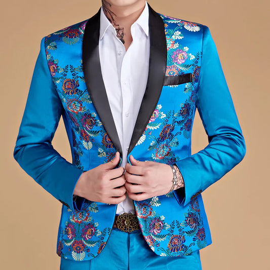 2022 Fashion New Men's Blue Stage Banquet Solid Color Suit Coat / Male Slim Wedding 2 Pieces Blazers Jacket Pants Trousers