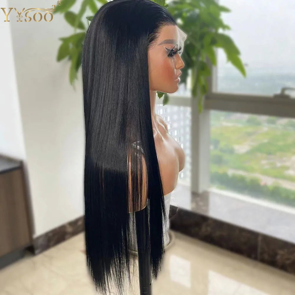 YYsoo Long Black Futura Synthetic Hair 13x4 Glueless Lace Front Wigs For Black Women Pre Plucked Straight Half Hand Tied Wig