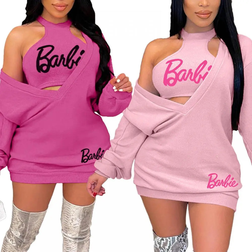 New Kawaii 2Pcs Barbie Girls Vest Sweater Dress Suit Anime Sexy Summer Autumn Women Casual All-Match Sports Hoodies Skirt Gifts