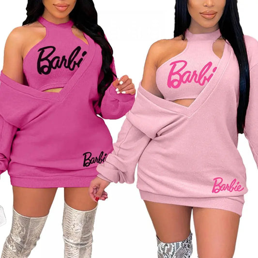 New Kawaii 2Pcs Barbie Girls Vest Sweater Dress Suit Anime Sexy Summer Autumn Women Casual All-Match Sports Hoodies Skirt Gifts