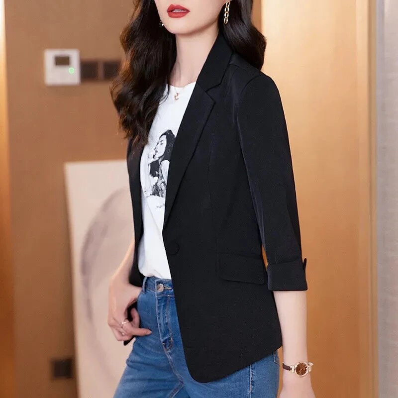 DAYIFUN Solid Thin Women Blazer 2022 New Long Sleeve Spring Slim Short Suit Jacket Coat One Buckle Blouses White Female Clothing