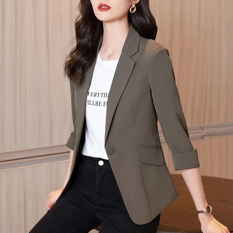 DAYIFUN Solid Thin Women Blazer 2022 New Long Sleeve Spring Slim Short Suit Jacket Coat One Buckle Blouses White Female Clothing