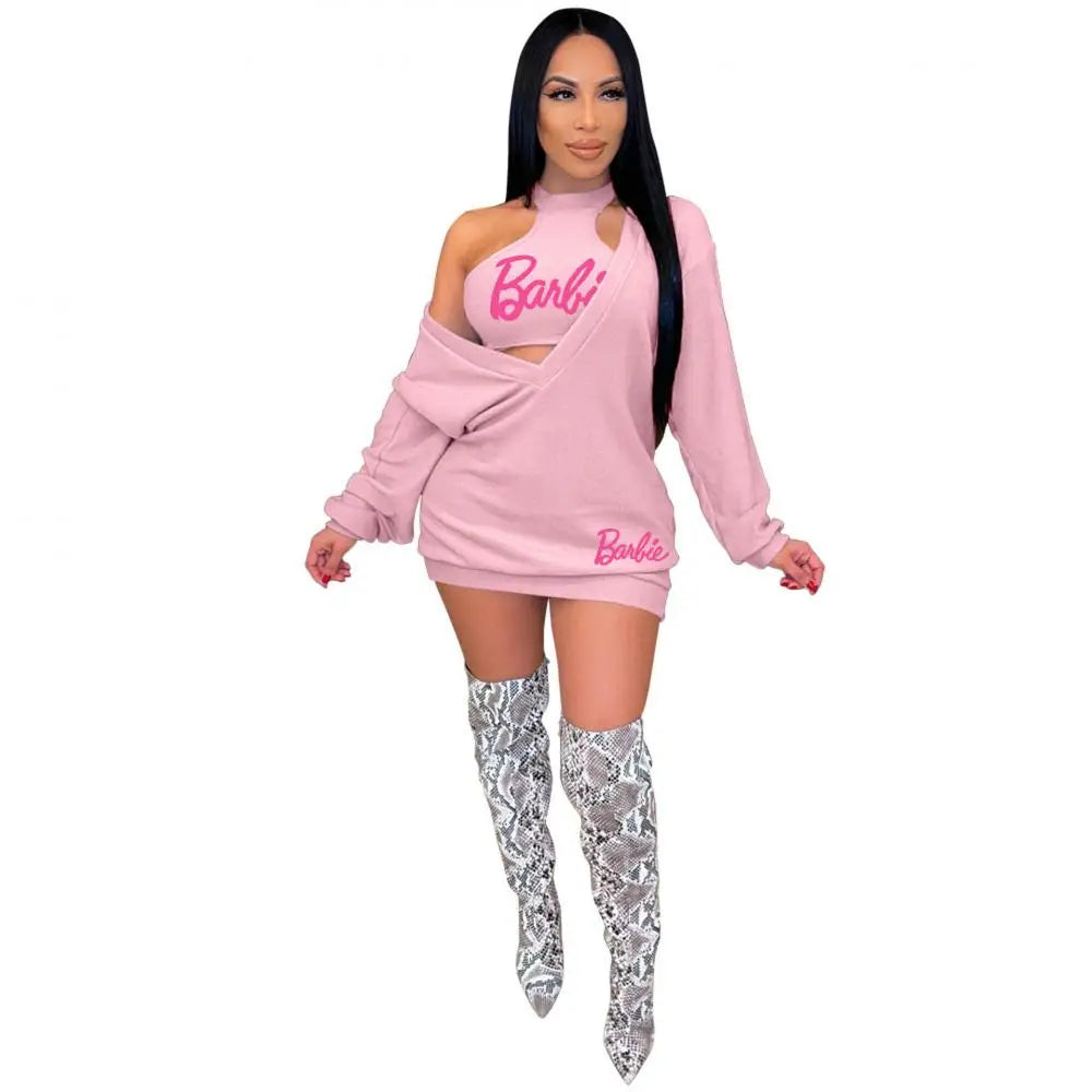 New Kawaii 2Pcs Barbie Girls Vest Sweater Dress Suit Anime Sexy Summer Autumn Women Casual All-Match Sports Hoodies Skirt Gifts