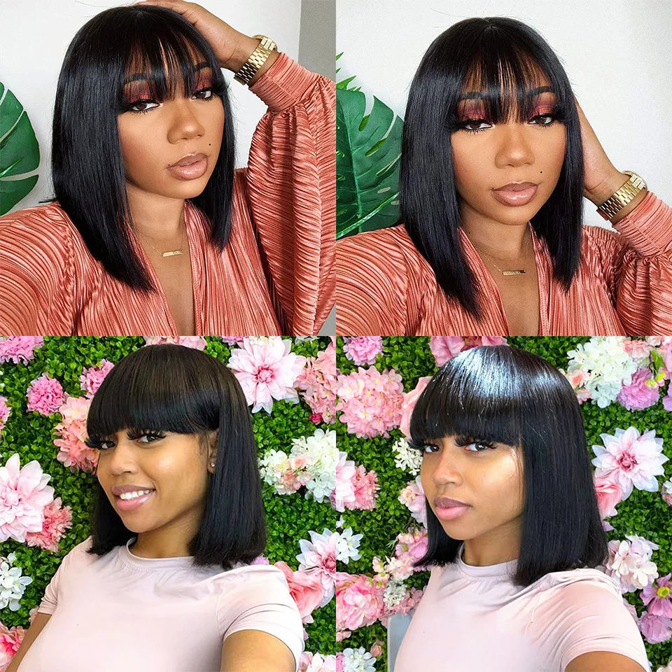 200 Density Short Human Hair Wigs for Women Human Hair Straight Bob Wig with Fringe Machine Made Wigs Perruque Cheveux Humain