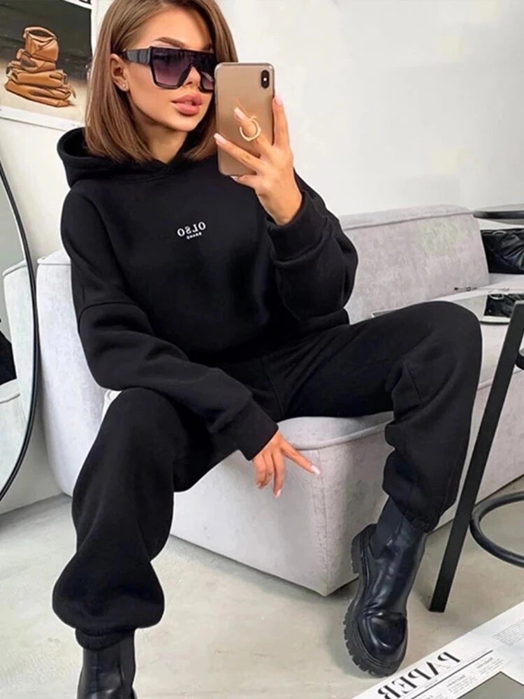 Women 2 Piece Set Sweatshirt Suit Solid Long Sleeve Hooded Top Elastic Waist Pant Ladies 2022 Spring Fleece Streetwear Outfits