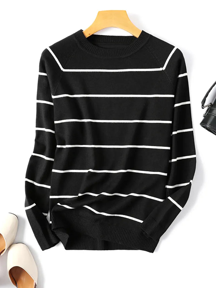 2022 Autumn Winter Long Sleeve Striped Pullover Women Sweater Knitted Sweaters O-Neck Tops Korean Pull Femme Jumper Female White