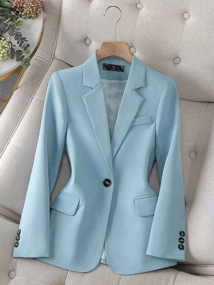 Spring Autumn Blue Black Pink Coffee Blazer Women Ladies Female Business Work Wear Long Sleeve Single Button Solid Formal Jacket