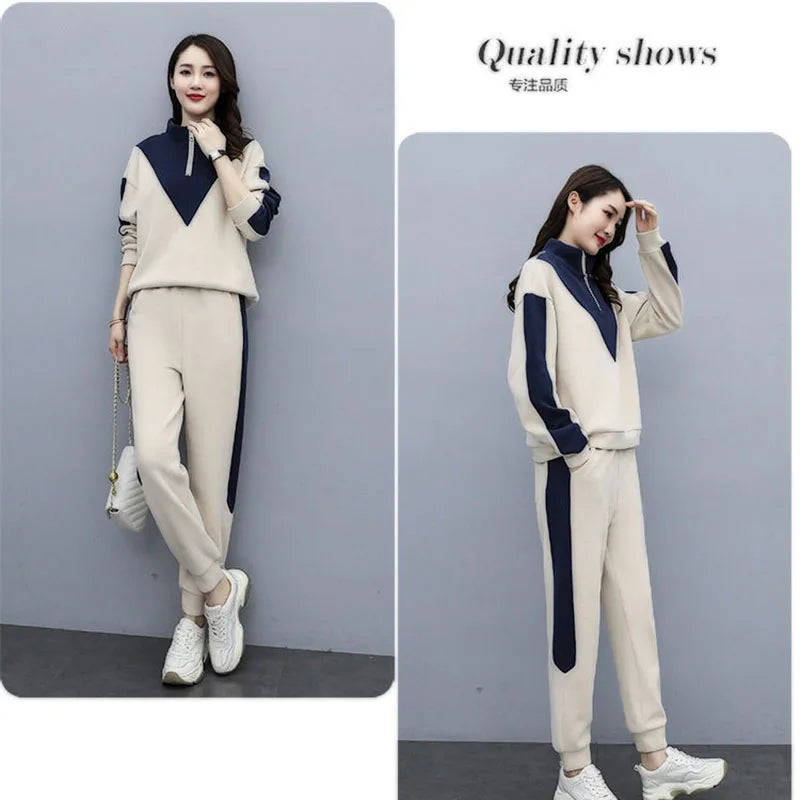 Korean Fashion Tracksuit Plus Velvet Warm 2 Piece Set Women Outfits Casual Sweatshirt And Sweatpant Suit Jogging Ensemble Femme