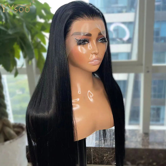 YYsoo Long Black Futura Synthetic Hair 13x4 Glueless Lace Front Wigs For Black Women Pre Plucked Straight Half Hand Tied Wig