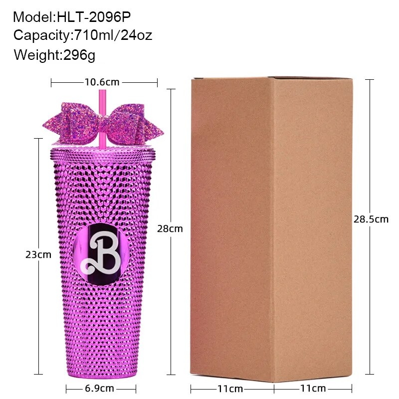 710ML Large Capacity Coffee Cup Straw Summer Cold Water Cup with Lid Reusable Cups Plastic Tumbler Matte Shine Pink Bow Mug Gift