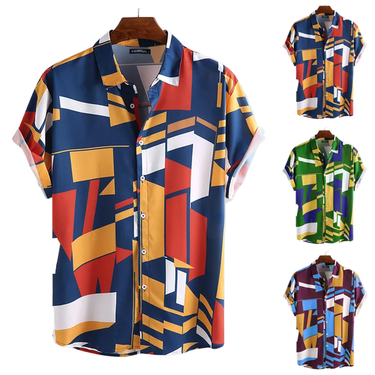 INCERUN Summer Men Beach Shirt Geometric Print Short Sleeve Lapel Neck Button Leisure Hawaiian Shirts Men 2022 Streetwear S-5XL