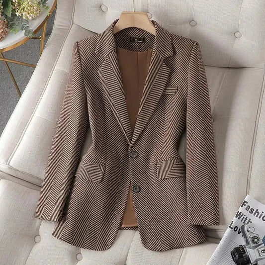 Women Coffee Stripe Formal Blazer New Long Sleeve Suit Coat Notched Collar Business Jacket Ladies Office Blazers Outerwear 4XL