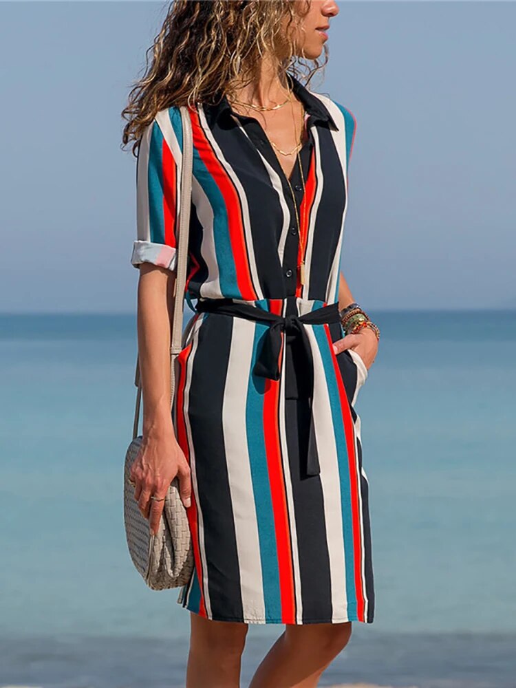 Aachoae Long Sleeve Shirt Dress 2021 Summer Boho Beach Dresses Women Casual Striped Print A-line Mini Party Dress Vestidos