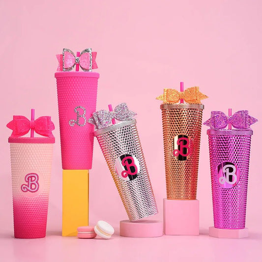 710ML Large Capacity Coffee Cup Straw Summer Cold Water Cup with Lid Reusable Cups Plastic Tumbler Matte Shine Pink Bow Mug Gift