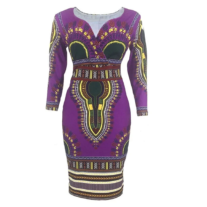 2022 New Fashion Print Dress Waist Women's Ethnic Style Package Hip Skirt V-neck Tight A-line Skirt African Women's Clothing