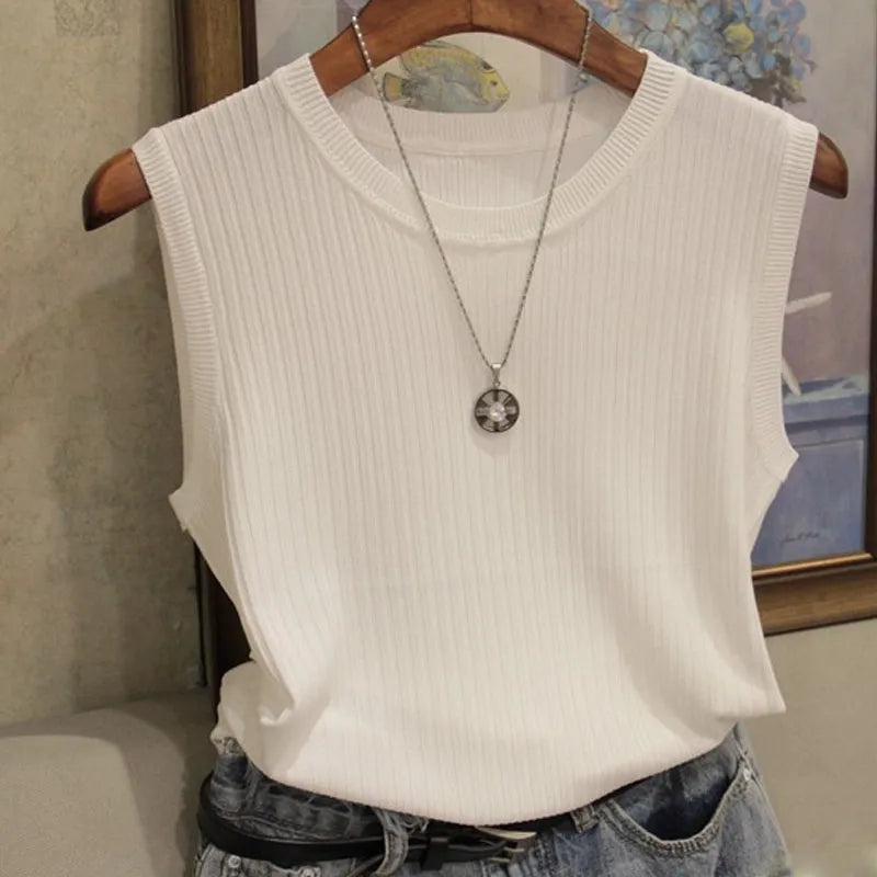 Knitted Vests Women Top O-neck Solid Tank Blusas Mujer De Moda Spring Summer New Fashion Female Sleeveless Casual Thin Tops 4588