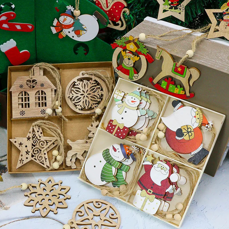 12PCS Wooden Christmas Ornaments Hanging Pendants Christmas Tree Decoration for Home New Year 2023 2022 Chirstmas Gift Wood box