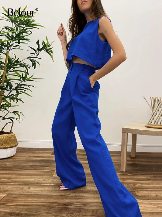 Bclout Summer Linen Long Pants Sets Women 2 Piece Outfits 2023 Vacation O-Neck Solid Crop Tops Casual Green Wide Leg Pants Suits