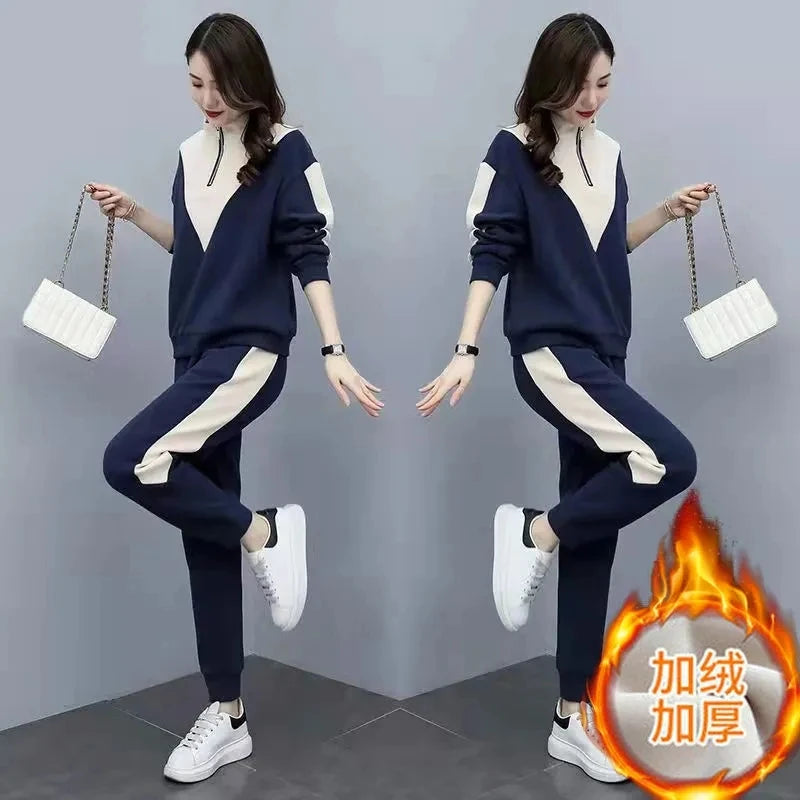 Korean Fashion Tracksuit Plus Velvet Warm 2 Piece Set Women Outfits Casual Sweatshirt And Sweatpant Suit Jogging Ensemble Femme