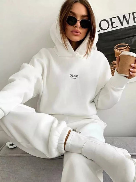 Women 2 Piece Set Sweatshirt Suit Solid Long Sleeve Hooded Top Elastic Waist Pant Ladies 2022 Spring Fleece Streetwear Outfits