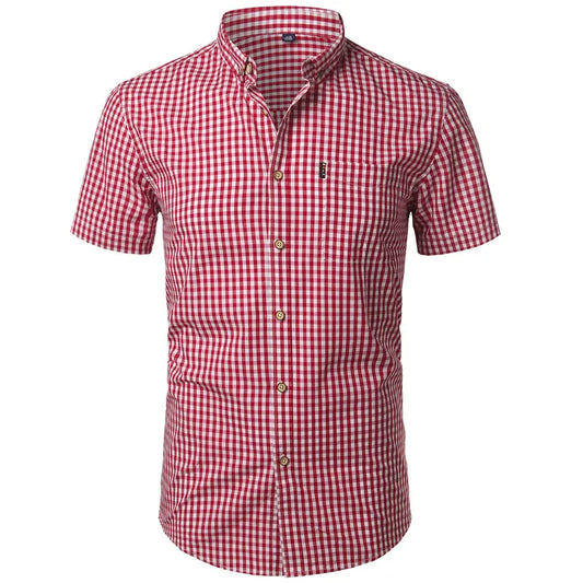 Mens Red Small Plaid Shirts Summer Short Sleeve Cotton Dress Shirts Business Casual Button Down Chemise Homme Camisa Masculina