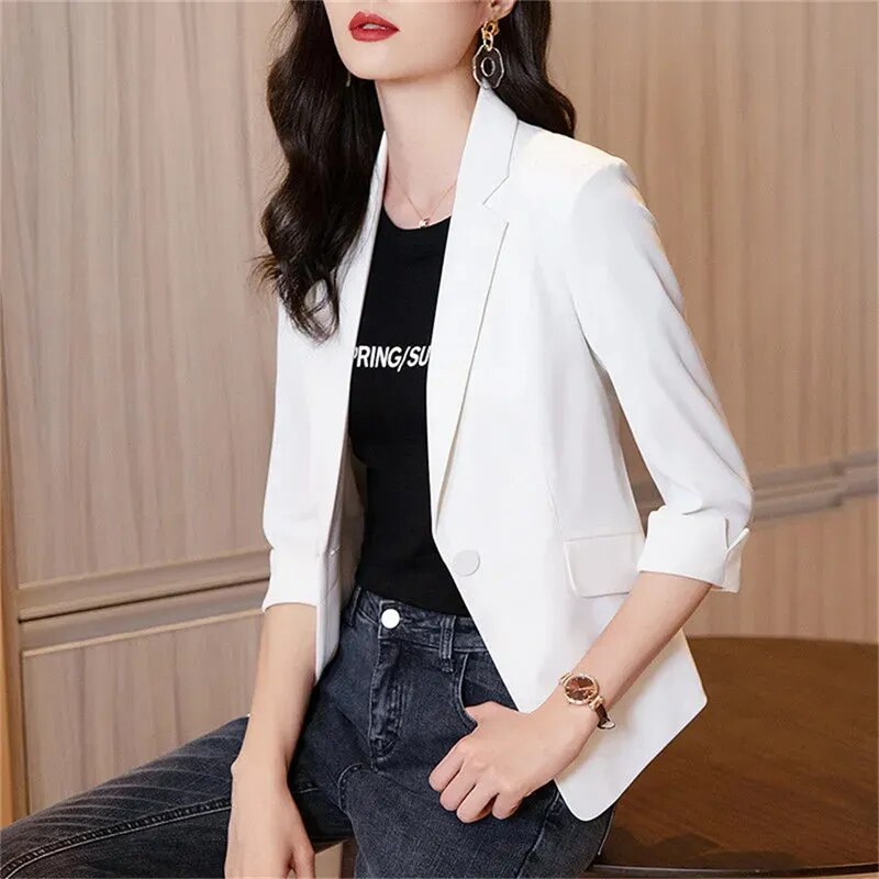 DAYIFUN Solid Thin Women Blazer 2022 New Long Sleeve Spring Slim Short Suit Jacket Coat One Buckle Blouses White Female Clothing